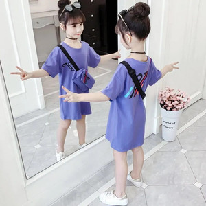 中长款中大童女童短袖t恤纯棉2023年新款大版洋气时髦连衣裙夏装
