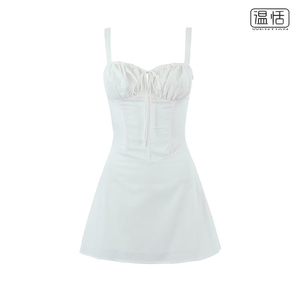 【包邮】法式复古方领系带镂空鱼骨束腰显瘦吊带短裙女白色连衣裙