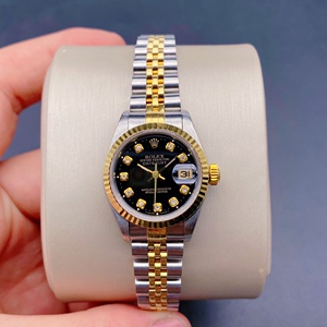 二手劳力士日志69173女士机械腕表黑盘钻石刻度18k金表径26mm女表