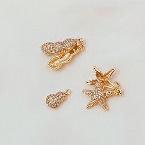 14k包金保色镶嵌锆石花生海星葫芦吊坠diy手作半孔珠空托吊饰挂件