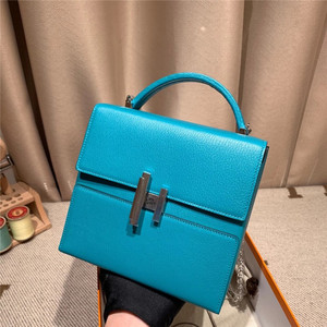 cinhetic24cm大号盒子包7f孔雀蓝色paon法国山羊皮chevre手工手缝