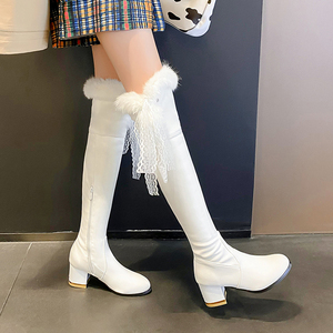 2023秋冬季新款兔毛高筒骑士靴拉链女士高跟长靴显瘦粗跟过膝靴子