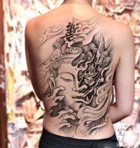 半佛半魔满背纹身贴 恶魔佛祖纹身贴 一念之间满背防水防汗 持久