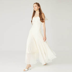 花前原创法式雪纺白色飘逸荷叶公主连衣裙仙女高级礼服白月光裙子