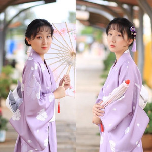 日本改良和服浴衣原创和风复古风紫色樱花连衣裙神明少女写真服装