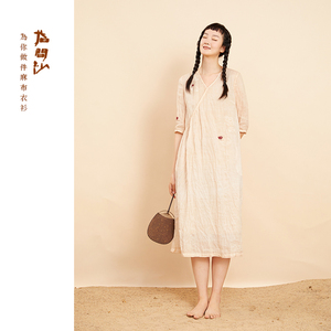 601人付款天猫指间沙原创设计女装2021夏季新款a型复古炒色棉麻提花