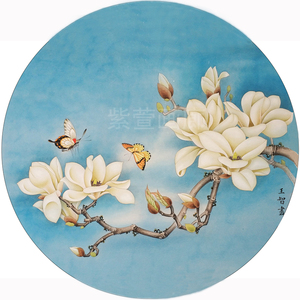 玉兰蝴蝶工笔花鸟手绘白描底稿可直接上色线描作业画圆形扇面花卉