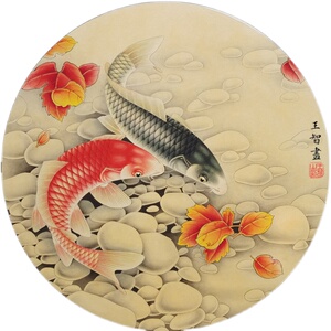 国画成品工笔花鸟画红叶鲤鱼四尺斗方纯手绘真迹画芯未装裱无款