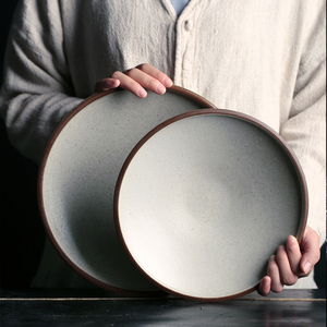 复古手工盘菜盘家用大号高脚日式陶瓷餐具碗碟深盘餐厅盘子