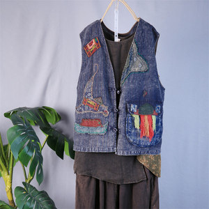 民族风贴布刺绣v领盘扣老布拼接马甲宽松百搭无袖坎肩夏女新款