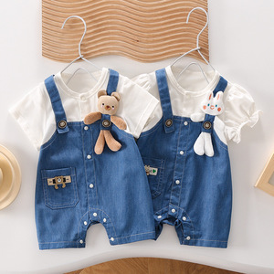 牛仔连体衣婴儿夏装兄妹装背带假两件超萌四个月宝宝衣服夏季薄款