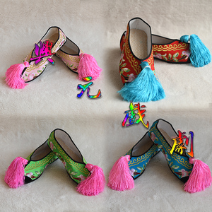 京剧彩鞋戏曲花旦鞋戏剧小姐绣花鞋子橡胶底绣花平底彩鞋丫鬟彩鞋