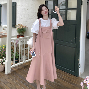 粉色pu皮工装背带裙女装夏新款韩系设计感宽松甜美减龄长款A字裙