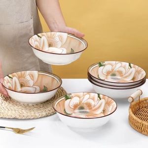 【6个】7英寸山茶花大号饭碗拉面碗复古粥汤碗家用陶瓷韩式拌面碗