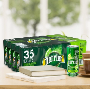 包邮法国进口perrier巴黎水 青柠味250ml 30听箱气泡矿泉水易拉罐