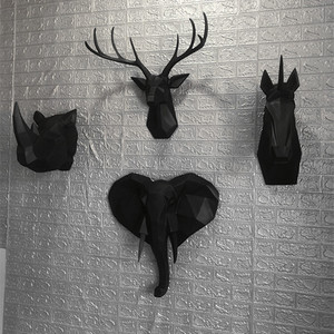 磨砂黑色3D雕塑动物模型大象独角马犀牛鹿头壁挂饰墙软装饰品热卖