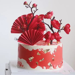 祝寿大红色折扇扇子烘焙蛋糕装饰摆件红色梅花亚克力福字插牌装饰