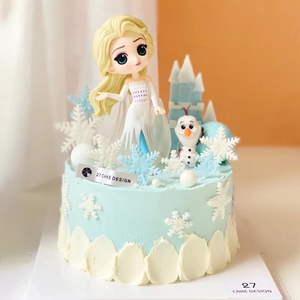 卡通蛋糕装饰摆件冰雪女王第四代艾莎白裙公主城堡雪花烘焙插件