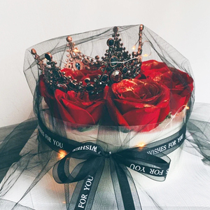 情人节创意网红玫瑰花束黑色网纱皇冠蛋糕装饰品摆件生日烘焙插件