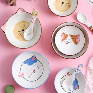 卡通软萌猫咪陶瓷盘子可爱儿童学生家用网红创意动物浮雕图案造型