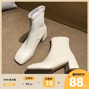 （清仓）韩版白色高跟鞋方头短靴女弹力袜靴加绒裸靴女粗跟瘦瘦靴