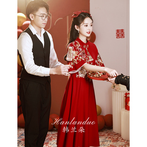 新中式改良旗袍敬酒服2023新款新娘酒红色绣花中国风红裙订婚礼服