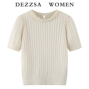 DEZZSA2024夏装新款法式气质百搭麻花坑条珍珠领短袖针织衫毛衣女