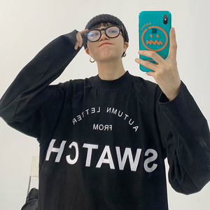 les帅t林弯弯韩国纯棉黑色半高领打底衫男长袖宽松字母t恤情侣