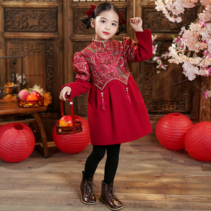 儿童汉服中国风冬装新款古风小女孩棉服连衣裙过年女童拜年服唐装