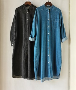 现货日本品牌blanc新品立领宽松牛仔珍珠纽扣衬衫连衣裙 秋季女装