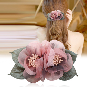发夹顶夹发饰韩国优雅绢纱双色花朵弹簧夹韩式盘发马尾夹发卡横夹