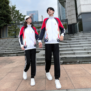 中国红白校服秋季新款运动套装男女情侣卫衣棒球服初高中学生班服