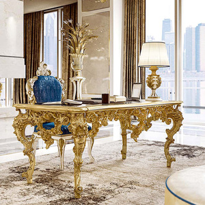 法式豪华书桌椅 全实木雕花奢华金箔书桌 2m长金色宫廷风书房桌椅