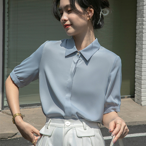 灰蓝色醋酸缎面衬衫女夏季短袖职业装正装暗门襟法式复古垂感上衣