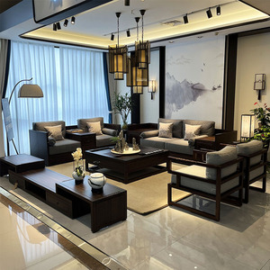 乌金木新中式实木沙发现代简约酒店别墅客厅木质布艺储物家具组合