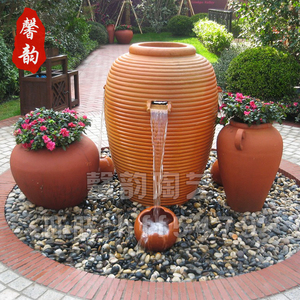 别墅园林景观喷泉水景陶罐组合庭院流水罐红陶土陶罐喷水粗陶花盆