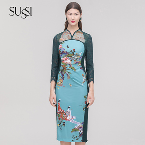 sussi/古色灰绿色圆领长袖印花直身旗袍连衣裙29370712a