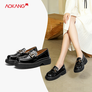 奥康厚底乐福鞋女新款秋冬真皮英伦风增高jk制服鞋小皮鞋女