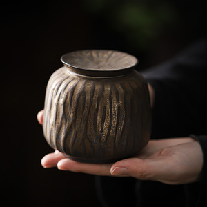 洞藏楼 家用半手工鎏金铁锈釉复古粗陶日式陶瓷树纹茶叶罐密封罐