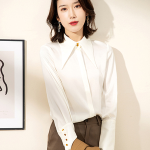 重磅白色真丝衬衫女士2022春夏新款高级感宽松职业尖领桑蚕丝衬衣