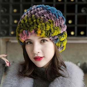 皮草帽子女冬季獭兔毛编织毛线帽韩版条纹加厚保暖妈妈菠萝帽双面