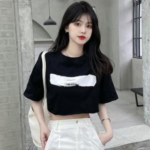 2022夏季韩版纯棉超短款露脐高腰印花性感圆领短袖t恤上衣女ins潮