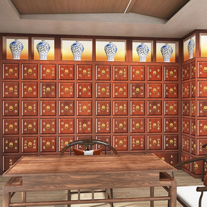 中医药柜墙纸网红拍照主播直播间装饰墙布药房药店医馆背景墙壁纸