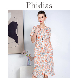 Phidias田园风高级感短袖连衣裙女夏2024新款收腰显瘦碎花中长裙