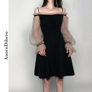 仙女风甜美黑色一字领性感透明网纱钉珠灯笼袖撞色礼服年后连衣裙