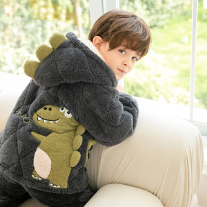 小恐龙儿童睡衣冬季加厚款男童珊瑚绒男孩三层夹棉冬款加绒家居服