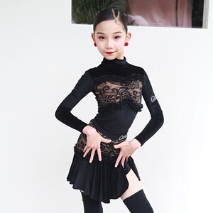 歌瑞亚拉丁舞服女少儿童冬高领长袖蕾丝拼接套装练习功表演服gx04