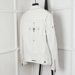 春秋新款机车皮衣男短款进口头层牛皮克罗心刺绣真皮白色夹克外套