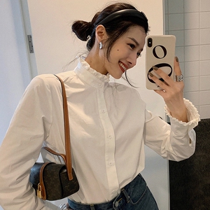 纯棉立领白衬衫女宽松设计感小众上衣半高领叠穿长袖衬衣春季新款