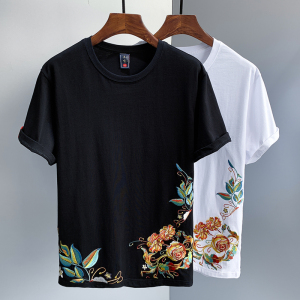 中国风刺绣图案短袖t恤男潮牌韩版潮流修身男士修身半袖衣服体恤